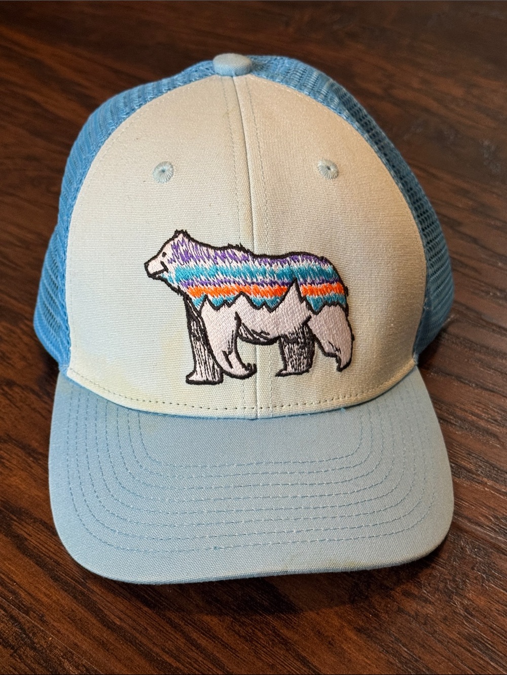 Patagonia Light Blue and Cream Kids Trucker Hat with Striped Bear Patch